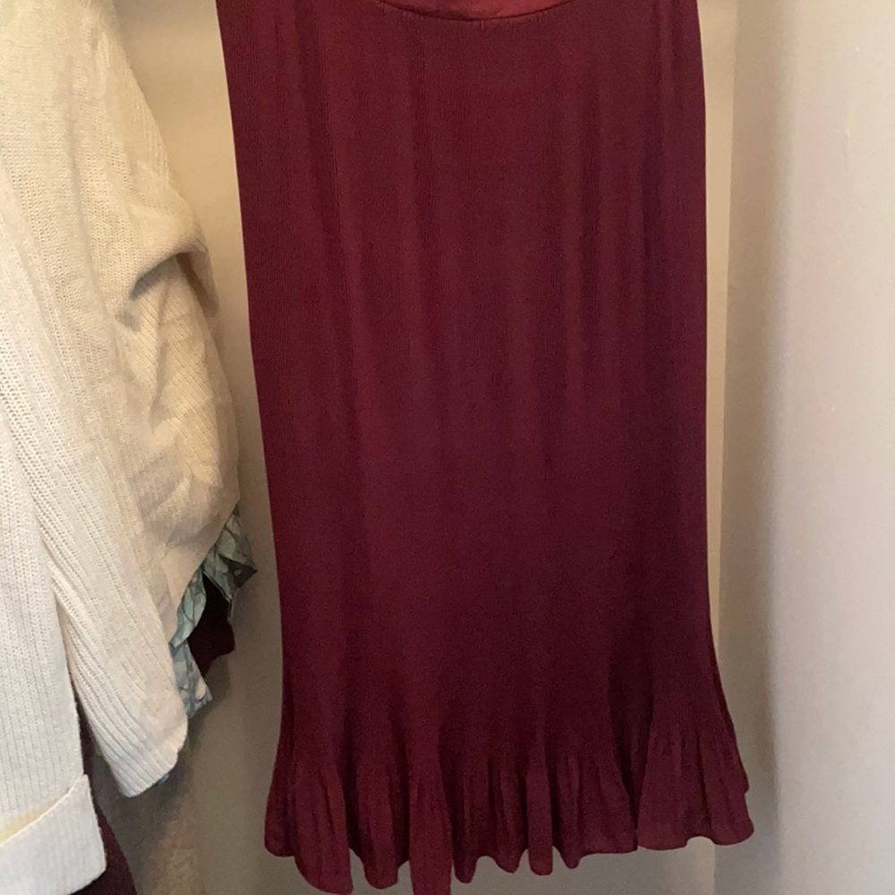 Thinly pleated deep red midi skirt